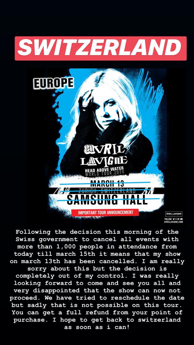 受疫情影响 艾薇儿全球巡演首站瑞士站宣布取消（艾薇儿世界巡回演唱会）