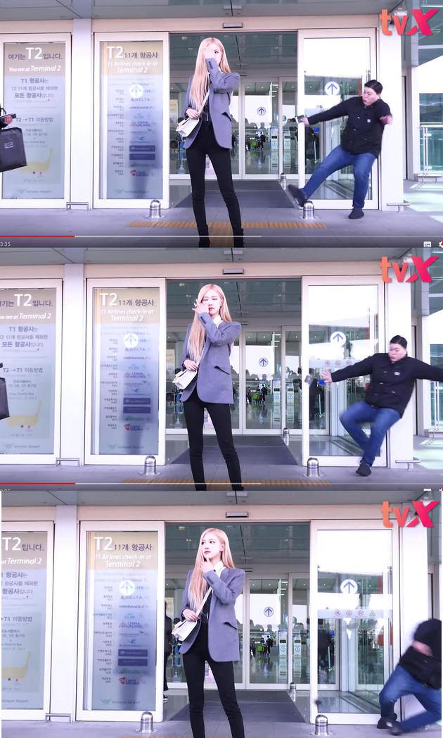 被抢风头！Rosé机场刚摆好pose 保镖摔倒引爆笑（rose机场穿搭）